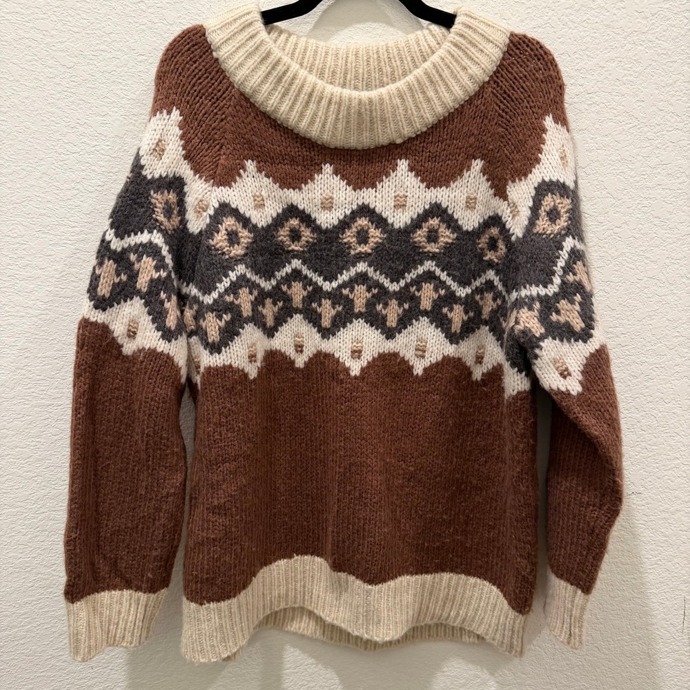 Aerie Womens Fair Isle Chunky Knit Sweater Brown Cream Geometric Pullover Medium